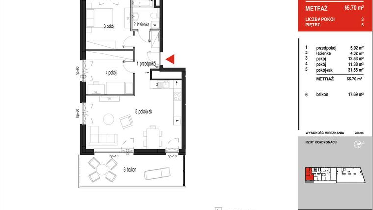 Rzut - Mieszkanie na sprzedaż 3 pokoje o powierzchni 65,7 m² - numer A5-F18 w Panorama A5