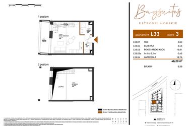 Rzut - Mieszkanie na sprzedaż 2 pokoje o powierzchni 46,2 m² - numer AP.3.33 w Baysuites