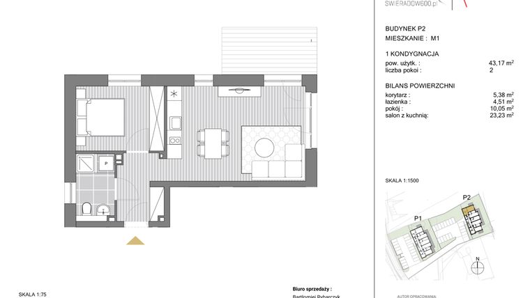 Rzut - Mieszkanie na sprzedaż 2 pokoje o powierzchni 43,24 m² - numer P2 M01 w Swieradow600