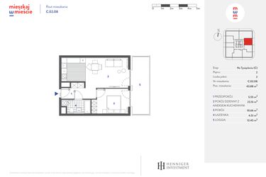 Rzut - Mieszkanie na sprzedaż 2 pokoje o powierzchni 43,86 m² - numer C.02.08 w Mieszkaj w mieście - Na Tysiącleciu budynek C