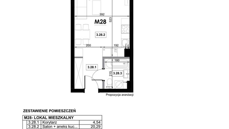 Rzut - Mieszkanie na sprzedaż 1 pokój o powierzchni 28,59 m² - numer M28 w Miejska Premium II