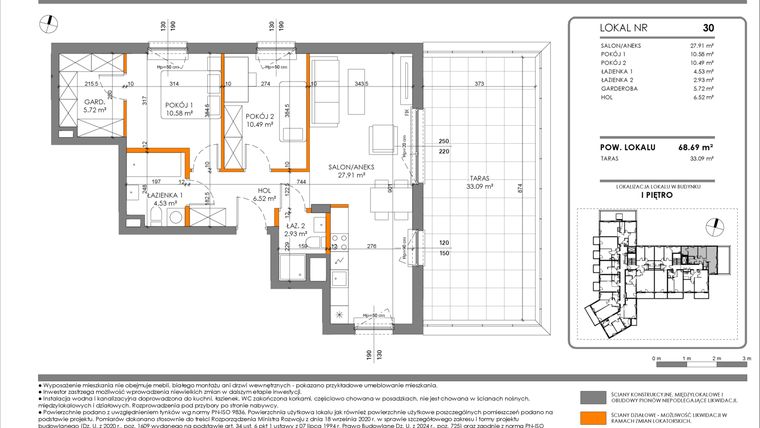Rzut - Mieszkanie na sprzedaż 3 pokoje o powierzchni 68,69 m² - numer 30 w Tarasy Międzylesie