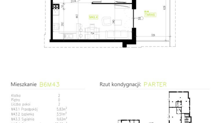 Rzut - Mieszkanie na sprzedaż 2 pokoje o powierzchni 44,24 m² - numer B6M43 w Osiedle Natura Park etap II
