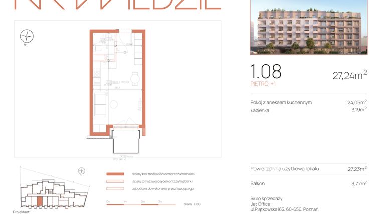 Rzut - Mieszkanie na sprzedaż 1 pokój o powierzchni 27,23 m² - numer 1.08 w Na Wildzie