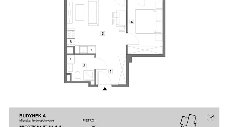Rzut - Mieszkanie na sprzedaż 2 pokoje o powierzchni 42,98 m² - numer A1.1.4 w ATAL Grabiszyn