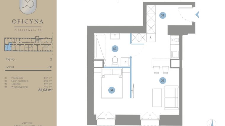 Rzut - Mieszkanie na sprzedaż 1 pokój o powierzchni 35,03 m² - numer 30 w Oficyna - Apartamenty Inwestycyjne Apart Hotel
