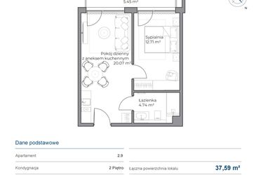 Rzut - Mieszkanie na sprzedaż 2 pokoje o powierzchni 37,59 m² - numer B.2.9 w Anchoria Holiday