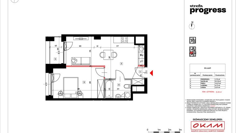 Rzut - Mieszkanie na sprzedaż 2 pokoje o powierzchni 43,8 m² - numer AA.69 w Strefa PROGRESS