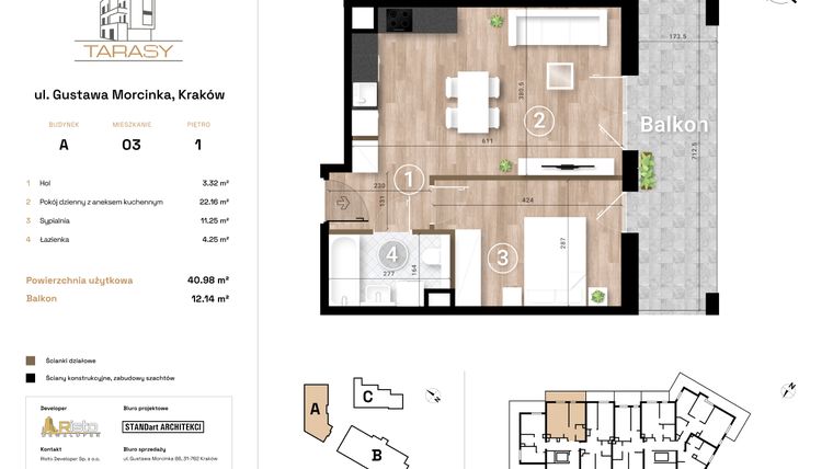 Rzut - Mieszkanie na sprzedaż 2 pokoje o powierzchni 40,98 m² - numer A3 w Krzesławickie Tarasy