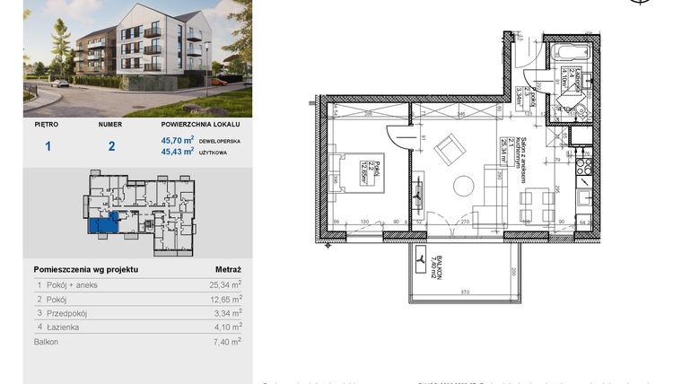 Rzut - Mieszkanie na sprzedaż 2 pokoje o powierzchni 45,43 m² - numer 2 w Balantia