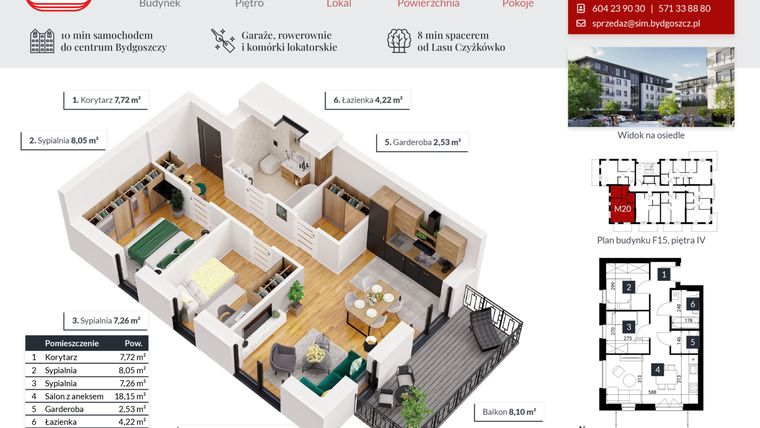 Rzut - Mieszkanie na sprzedaż 3 pokoje o powierzchni 47,93 m² - numer 20 w Tęczowy Zakątek F-15