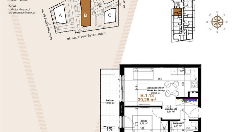 Rzut - Mieszkanie na sprzedaż 2 pokoje o powierzchni 39,25 m² - numer B.1.13 w Vanda Park