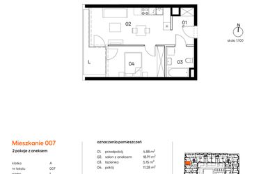 Rzut - Mieszkanie na sprzedaż 2 pokoje o powierzchni 40,22 m² - numer A.A007 w Miasto Polskich Mistrzów Olimpijskich II