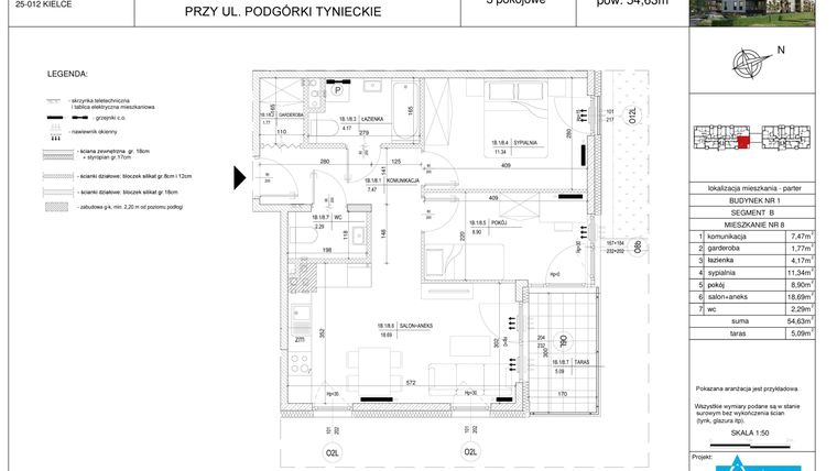Rzut - Mieszkanie na sprzedaż 3 pokoje o powierzchni 54,63 m² - numer B8 w Podgórki Tynieckie