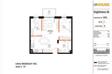Rzut - Mieszkanie na sprzedaż 3 pokoje o powierzchni 52,92 m² - numer 21 w Osiedle StaLove etap II