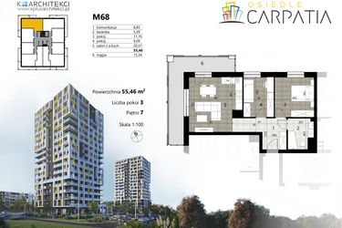 Rzut - Mieszkanie na sprzedaż 3 pokoje o powierzchni 55,46 m² - numer A2.68 w Osiedle Carpatia Etap II