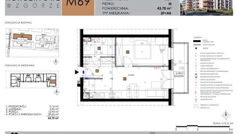 Rzut - Mieszkanie na sprzedaż 2 pokoje o powierzchni 43,7 m² - numer B1.69 w Koncertowe Wzgórze