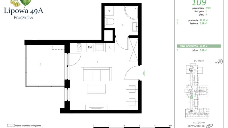 Rzut - Mieszkanie na sprzedaż 1 pokój o powierzchni 24,05 m² - numer 109B w Lipowa 49A - Apartamenty inwestycyjne