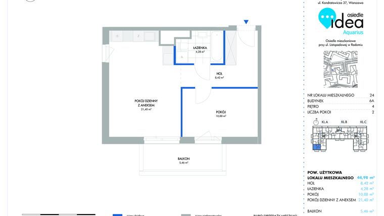 Rzut - Mieszkanie na sprzedaż 2 pokoje o powierzchni 44,98 m² - numer 6A/24 w Osiedle Idea Aquarius