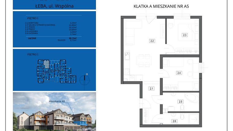 Rzut - Mieszkanie na sprzedaż 2 pokoje o powierzchni 59,17 m² - numer A5 w West Łeba