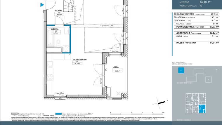 Rzut - Mieszkanie na sprzedaż 3 pokoje o powierzchni 81,31 m² - numer C.4.06 w Nordic Bemowo - etap IV