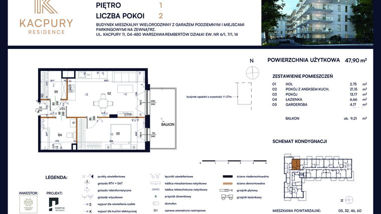 Rzut - Mieszkanie na sprzedaż 2 pokoje o powierzchni 47,9 m² - numer M18 w Kacpury Residence