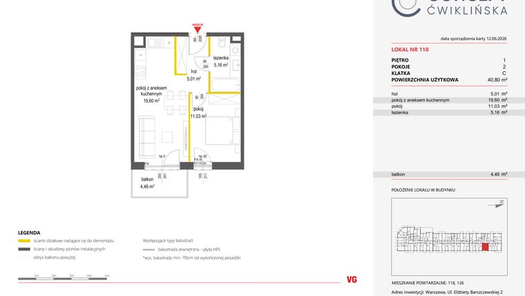 Rzut - Mieszkanie na sprzedaż 2 pokoje o powierzchni 40,8 m² - numer 110 w Concept Ćwiklińska