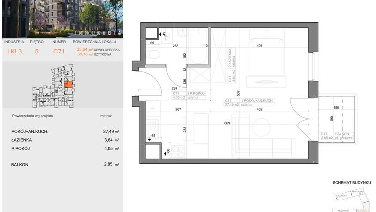 Rzut - Mieszkanie na sprzedaż 1 pokój o powierzchni 35,18 m² - numer I-C71 w Industria etap I-D oraz I-C