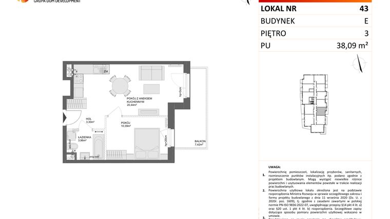 Rzut - Mieszkanie na sprzedaż 2 pokoje o powierzchni 38,09 m² - numer E.43 w Osiedle Synteza etap IV