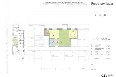 Rzut - Mieszkanie na sprzedaż 3 pokoje o powierzchni 53,78 m² - numer B.36 w Federowicza – Ruczaj Park