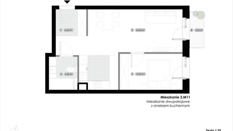 Rzut - Mieszkanie na sprzedaż 2 pokoje o powierzchni 46,21 m² - numer 2.M11 w Stalowa 76
