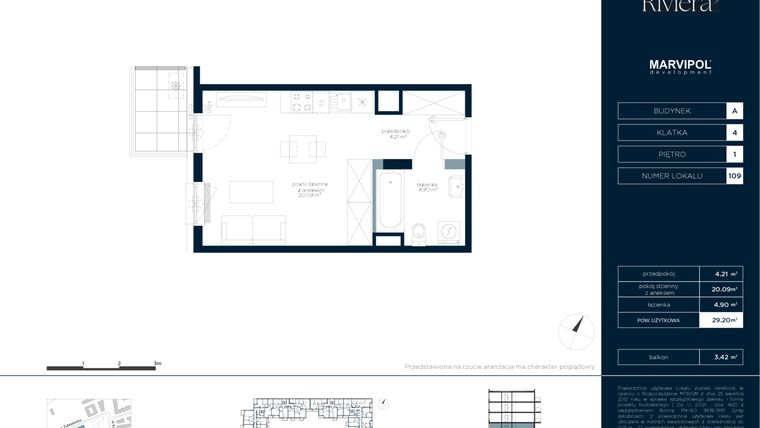Rzut - Mieszkanie na sprzedaż 1 pokój o powierzchni 29,2 m² - numer A.M109 w Riviera⁵
