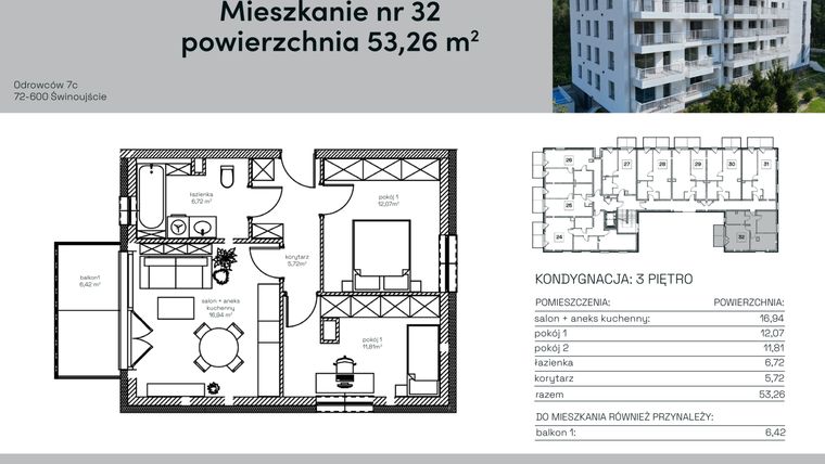 Rzut - Mieszkanie na sprzedaż 3 pokoje o powierzchni 53,26 m² - numer 32 w Odrowców 7C