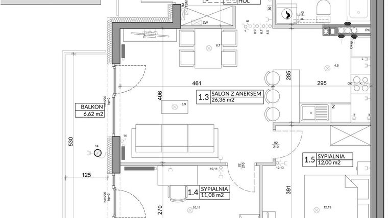 Rzut - Mieszkanie na sprzedaż 3 pokoje o powierzchni 61,85 m² - numer 43B w Osiedle Młodych etap V