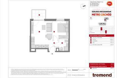Rzut - Mieszkanie na sprzedaż 2 pokoje o powierzchni 33,18 m² - numer B.29 w Dzielnica Mieszkaniowa Metro Zachód - etap 8.2