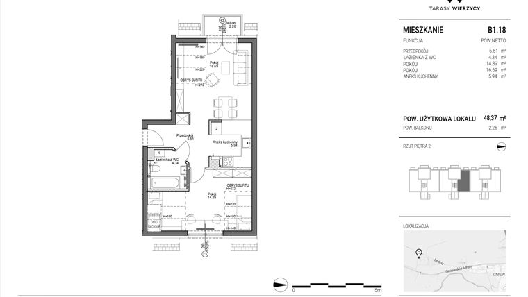 Rzut - Mieszkanie na sprzedaż 2 pokoje o powierzchni 48,37 m² - numer B1.18 w Tarasy Wierzycy