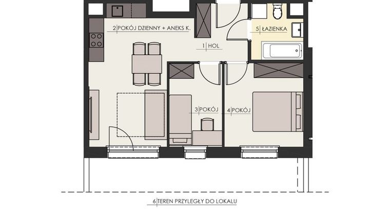 Rzut - Mieszkanie na sprzedaż 3 pokoje o powierzchni 46,47 m² - numer 1 w Osiedle Platinum III