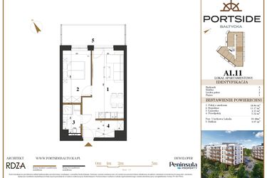 Rzut - Mieszkanie na sprzedaż 2 pokoje o powierzchni 39,48 m² - numer A1.11 w Portside Bałtycka
