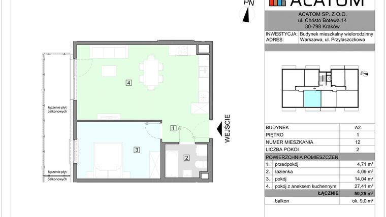 Rzut - Mieszkanie na sprzedaż 2 pokoje o powierzchni 50,25 m² - numer A2.12 w Wawer Go 2.0