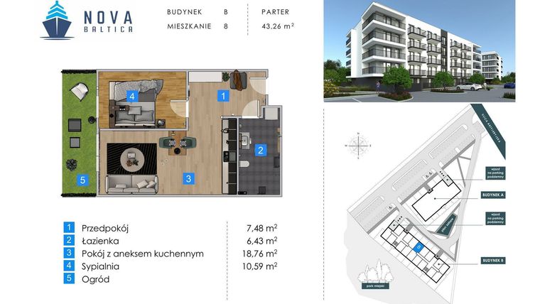 Rzut - Mieszkanie na sprzedaż 2 pokoje o powierzchni 43,26 m² - numer B8 w Nova Baltica Mieszkania Kołobrzeg