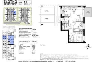 Rzut - Mieszkanie na sprzedaż 3 pokoje o powierzchni 64,56 m² - numer F1 w Złotno Residence
