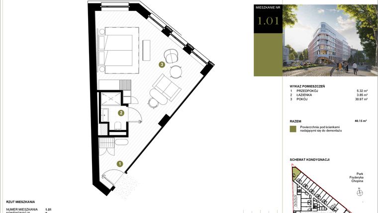 Rzut - Mieszkanie na sprzedaż 1 pokój o powierzchni 40,15 m² - numer 101 w Y3 Signature Hotel