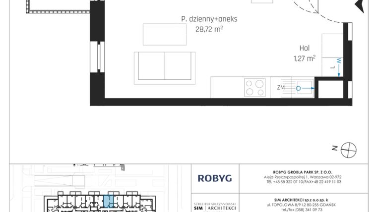 Rzut - Mieszkanie na sprzedaż 1 pokój o powierzchni 33,98 m² - numer J.1M20 w Nadmotławie Apartments etap J