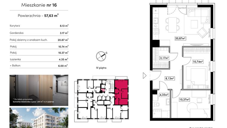 Rzut - Mieszkanie na sprzedaż 3 pokoje o powierzchni 57,63 m² - numer 16 w Novum Rumia - bud. 22