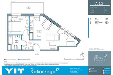 Rzut - Mieszkanie na sprzedaż 2 pokoje o powierzchni 43,35 m² - numer A.9.3 w Rakoczego 17