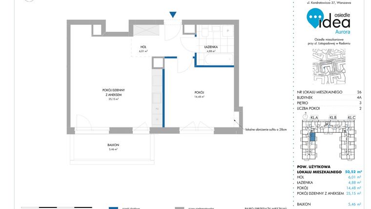 Rzut - Mieszkanie na sprzedaż 2 pokoje o powierzchni 50,74 m² - numer 4A/26 w Osiedle Idea Aurora