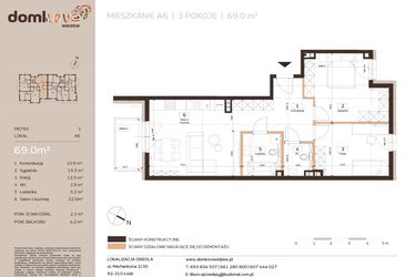 Rzut - Mieszkanie na sprzedaż 3 pokoje o powierzchni 69 m² - numer A6 w Domkove Widzew