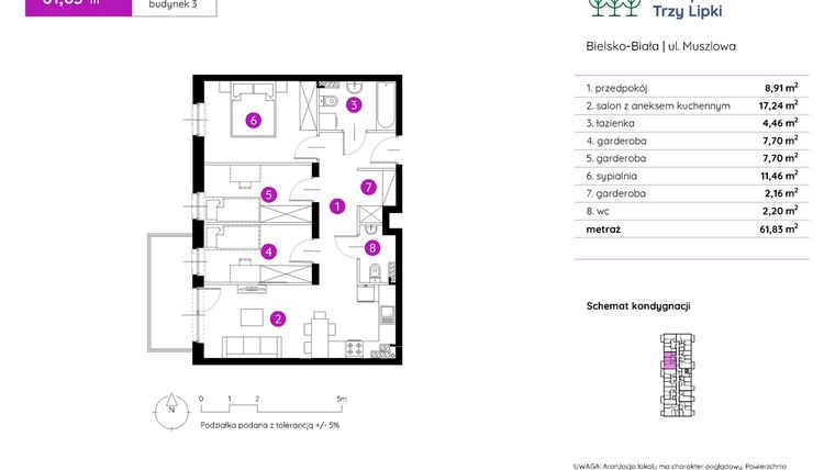 Rzut - Mieszkanie na sprzedaż 2 pokoje o powierzchni 61,83 m² - numer 3.A.2.07 w Murapol Trzy Lipki etap II