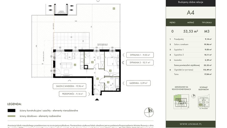 Rzut - Mieszkanie na sprzedaż 3 pokoje o powierzchni 53,53 m² - numer A4 w Quattro Ursynów