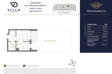 Rzut - Mieszkanie na sprzedaż 1 pokój o powierzchni 28,8 m² - numer 4 w Warszawska 222 bud. D